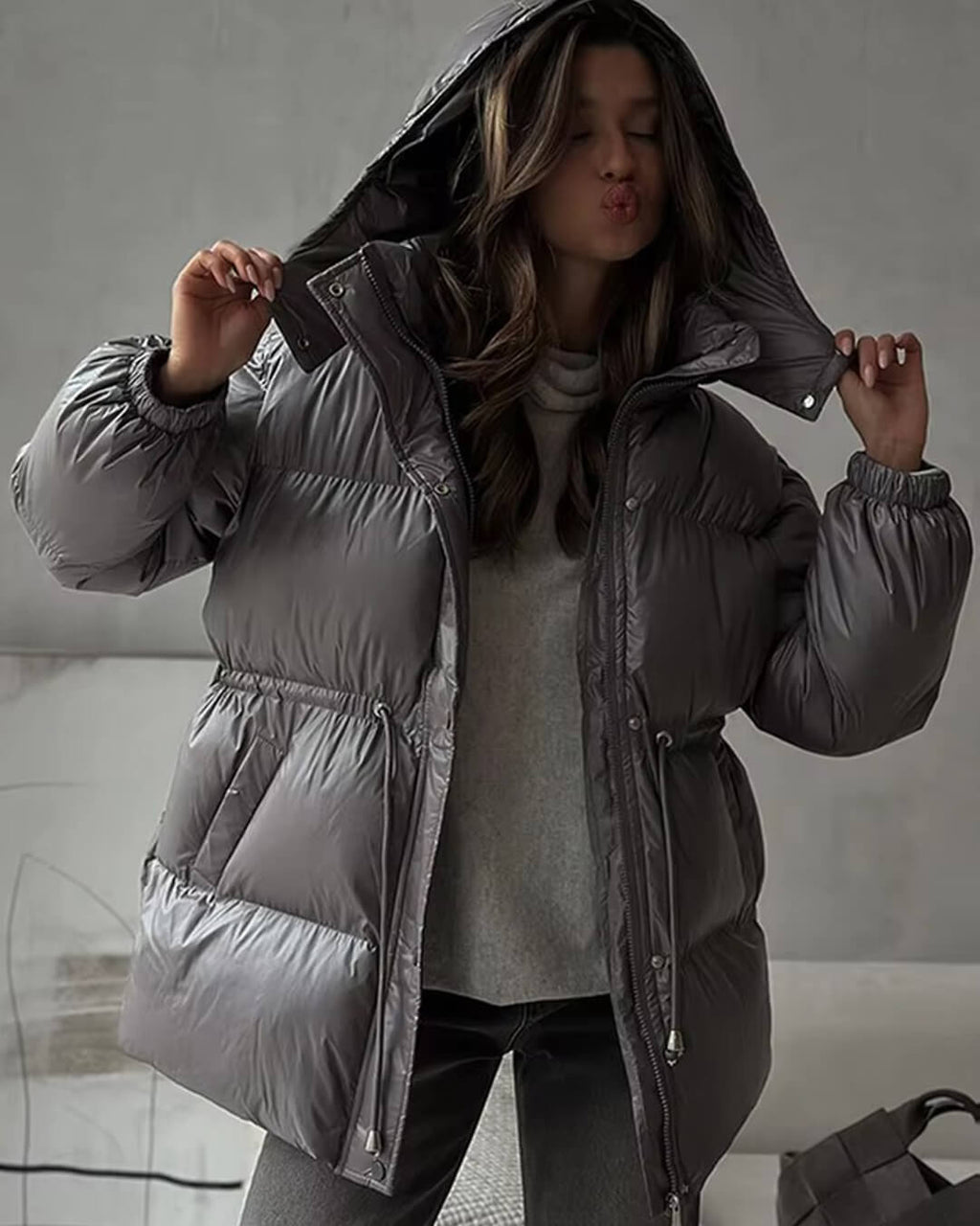 Women's Puffer Coat Hooded with Drawstring Waist - 7