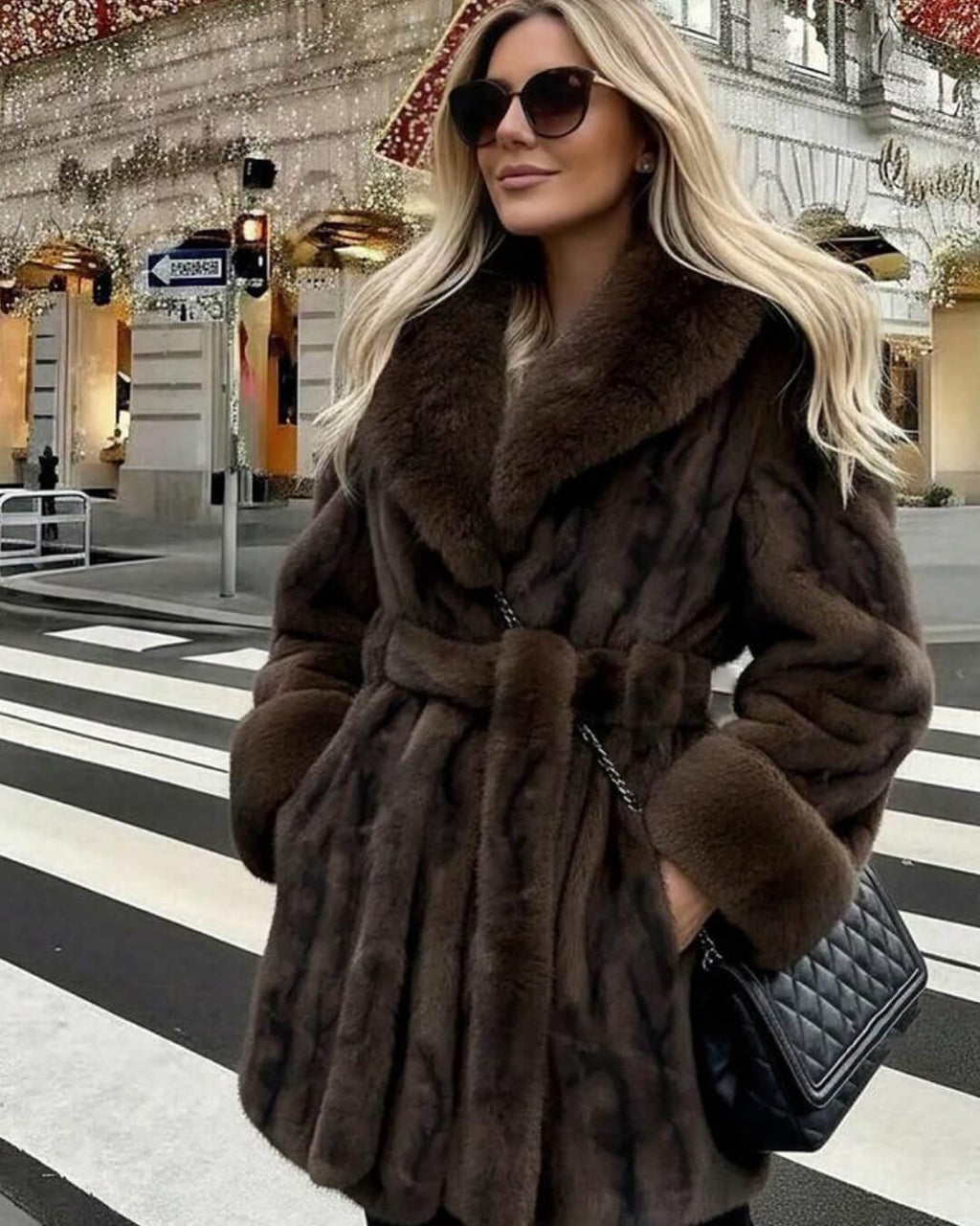 Women's Faux Fur Coat with Tie Waist and Shawl Collar - Coffee