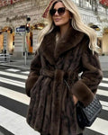 Women's Faux Fur Coat with Tie Waist and Shawl Collar - Coffee