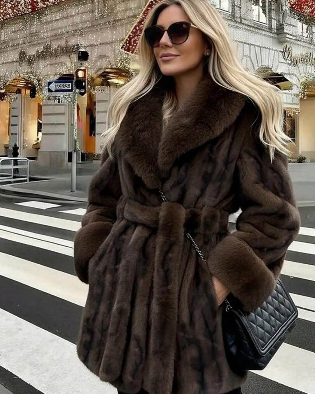 Women's Faux Fur Coat with Tie Waist and Shawl Collar - Coffee