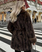 Women's Faux Fur Coat with Tie Waist and Shawl Collar - 3