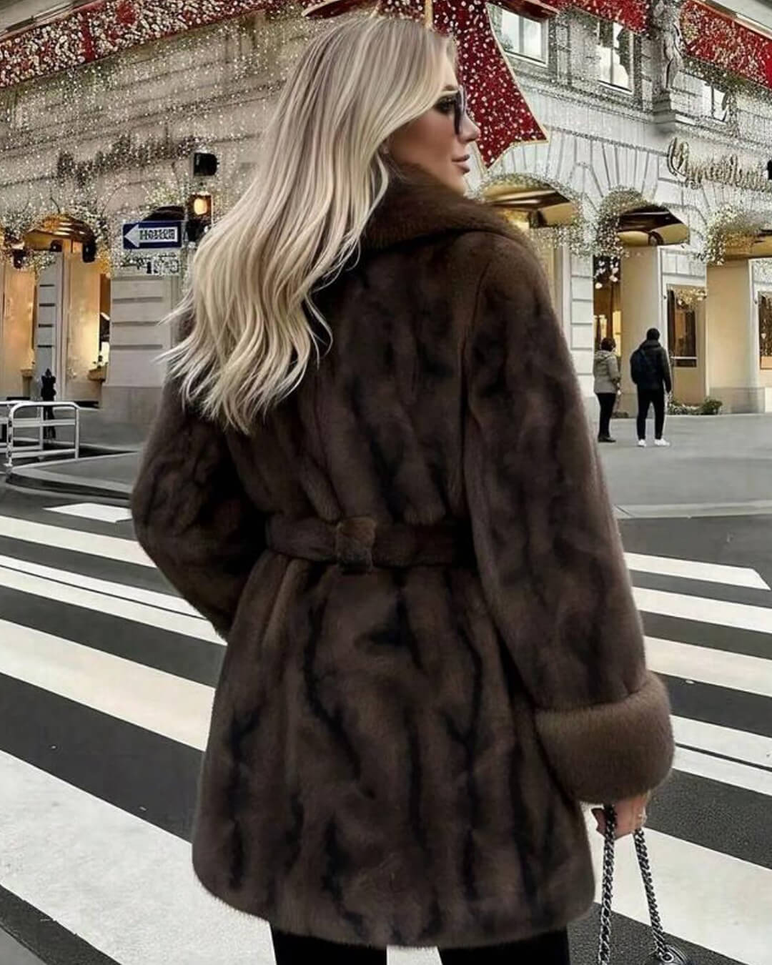 Women's Faux Fur Coat with Tie Waist and Shawl Collar - 3