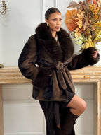 Women's Faux Fur Coat with Tie Waist and Shawl Collar - 5