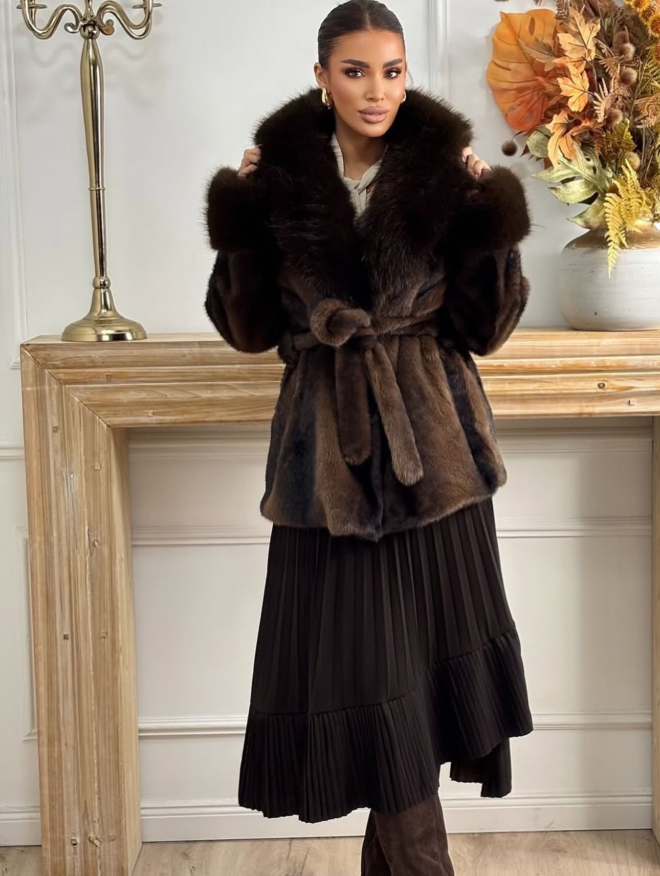 Women's Faux Fur Coat with Tie Waist and Shawl Collar - Coffee