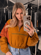 Women's Half-Zip Windbreaker Jacket with Colorblock Design - Orange