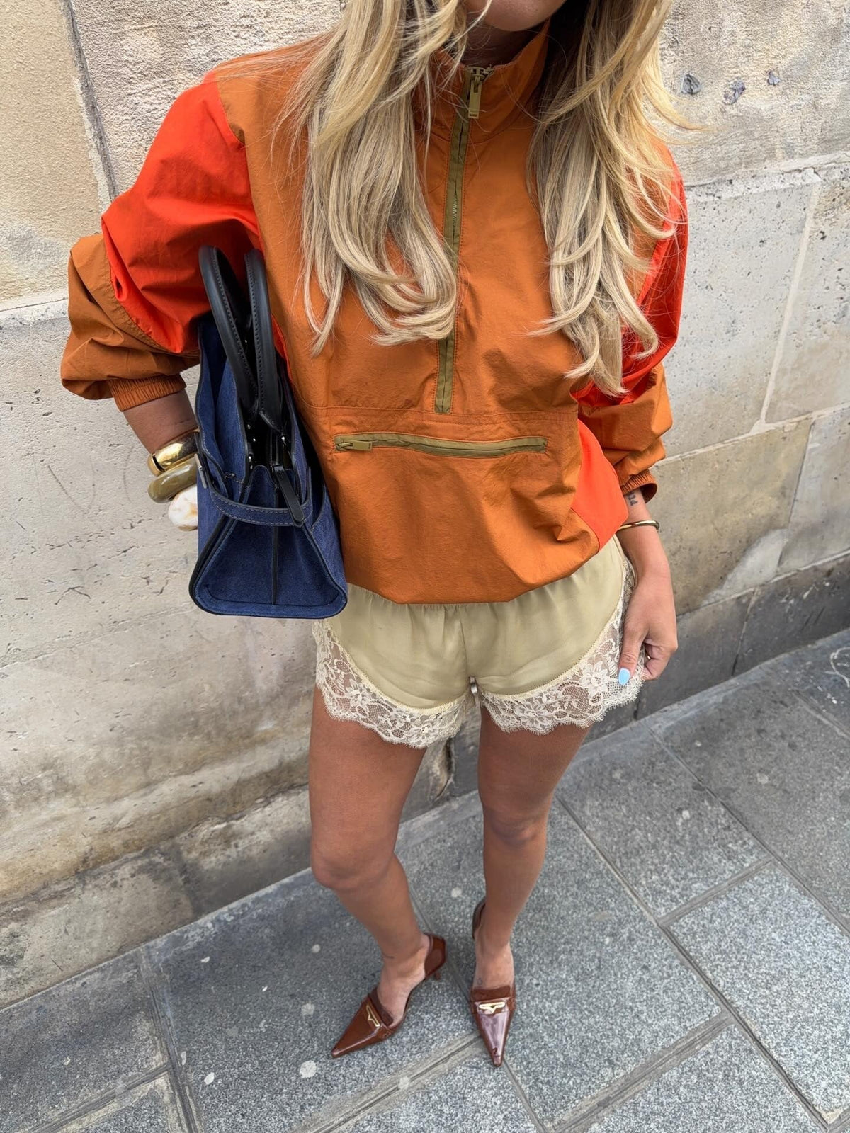 Women's Half-Zip Windbreaker Jacket with Colorblock Design - Orange