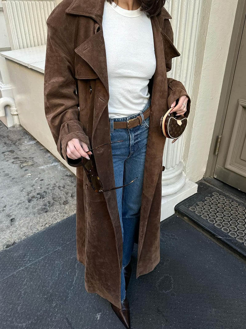 Women's Oversized Trench Coat with Belt and Double-Breasted Front - 4