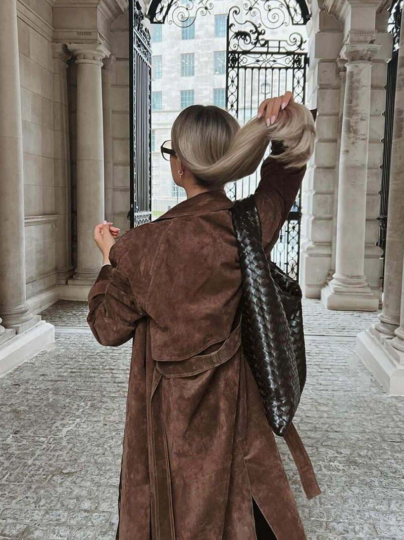 Women's Oversized Trench Coat with Belt and Double-Breasted Front - 8