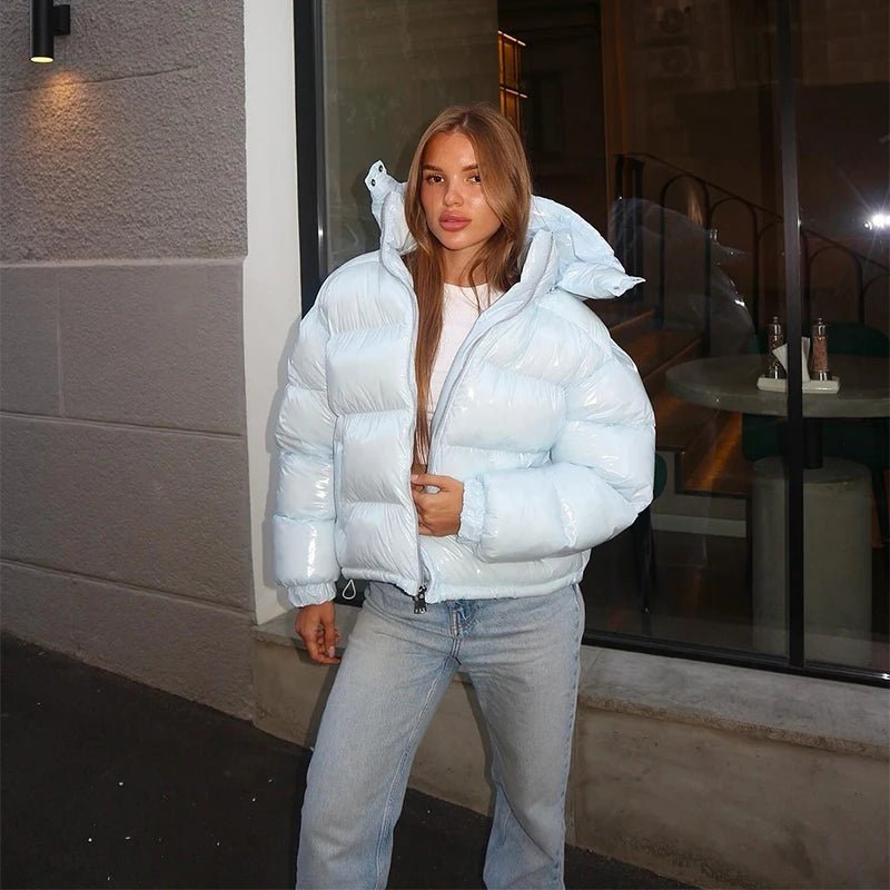 Women's Puffer Jacket with Hood and Stand Collar - Blue