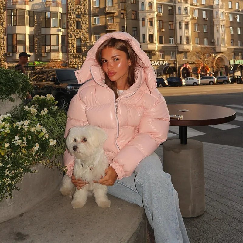 Women's Puffer Jacket with Hood and Stand Collar - Pink