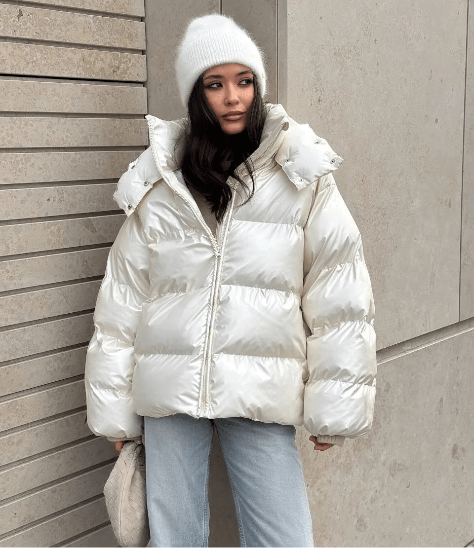 Women's Puffer Jacket with Hood and Stand Collar - 16