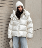 Women's Puffer Jacket with Hood and Stand Collar - 16