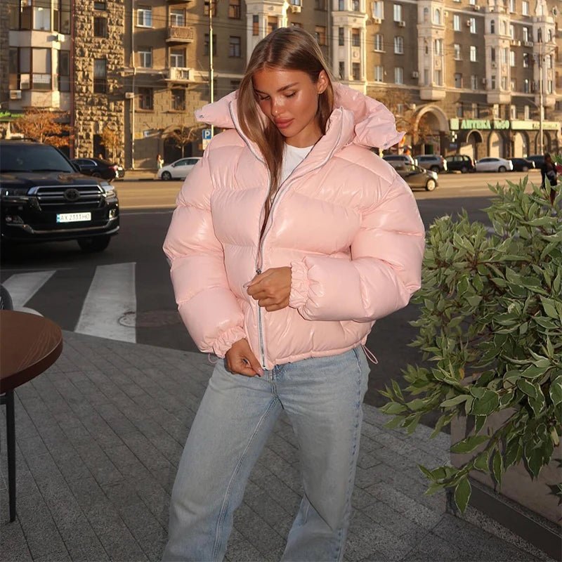 Women's Puffer Jacket with Hood and Stand Collar - Pink