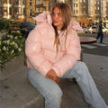 Women's Puffer Jacket with Hood and Stand Collar - Pink