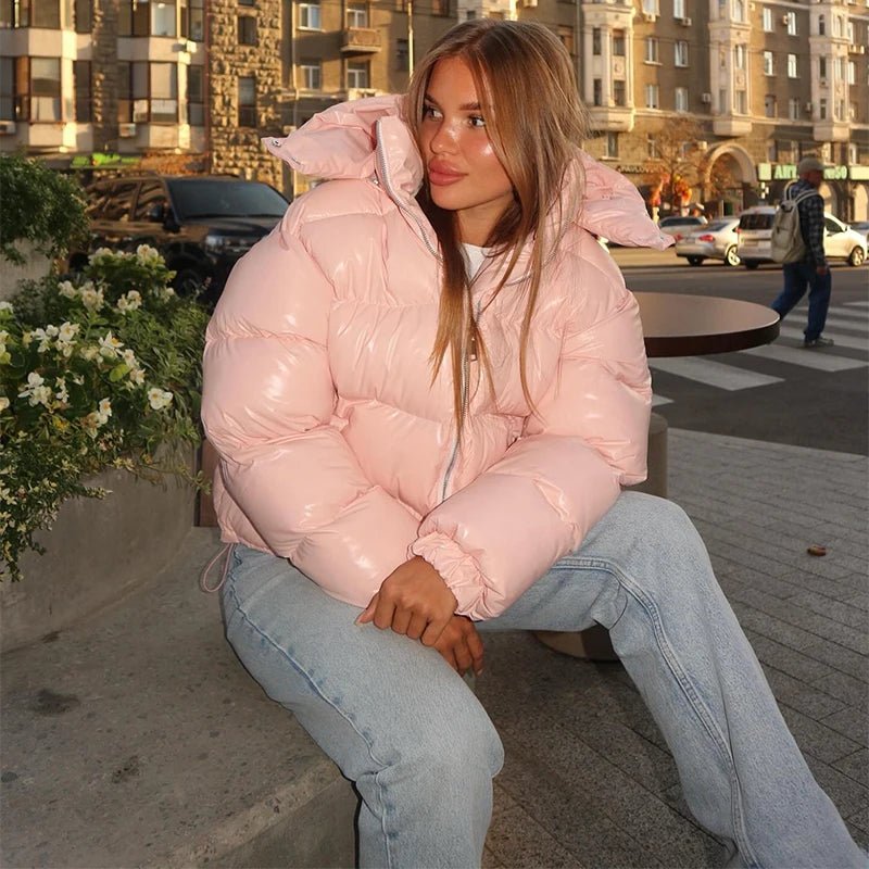 Women's Puffer Jacket with Hood and Stand Collar - Pink