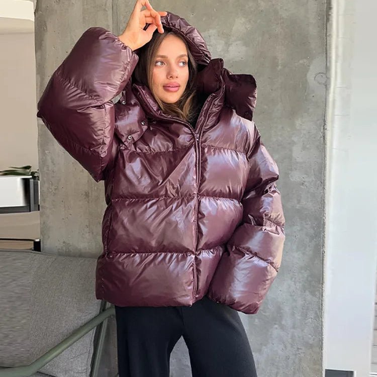 Women's Puffer Jacket with Hood and Stand Collar - Burgundy