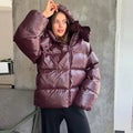 Women's Puffer Jacket with Hood and Stand Collar - Burgundy