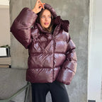 Women's Puffer Jacket with Hood and Stand Collar - Burgundy