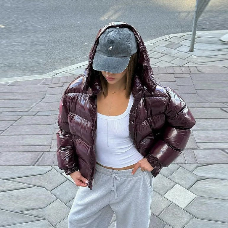 Women's Puffer Jacket with Hood and Stand Collar - 5