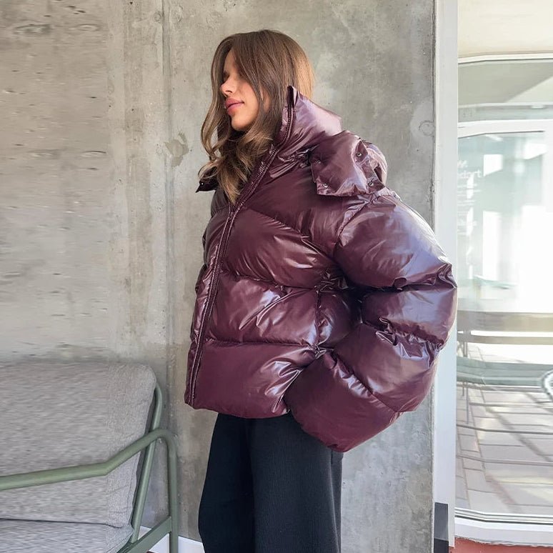 Women's Puffer Jacket with Hood and Stand Collar - Burgundy