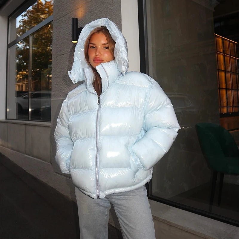 Women's Puffer Jacket with Hood and Stand Collar - Blue