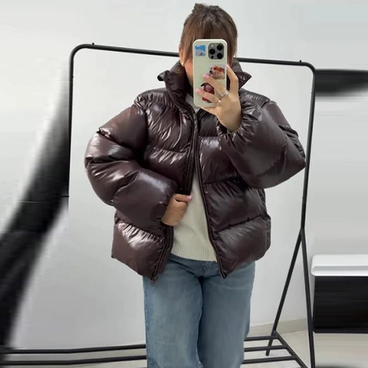 Women's Puffer Jacket with Hood and Stand Collar - Chocolate
