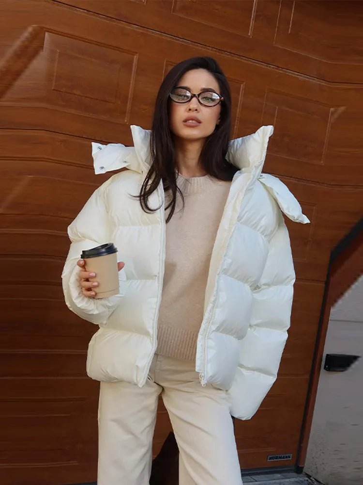 Women's Puffer Jacket with Hood and Stand Collar - White