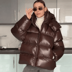 Women's Puffer Jacket with Hood and Stand Collar - Chocolate
