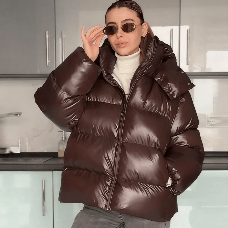 Women's Puffer Jacket with Hood and Stand Collar - Chocolate