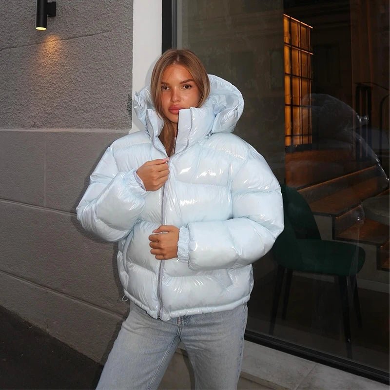 Women's Puffer Jacket with Hood and Stand Collar - Blue