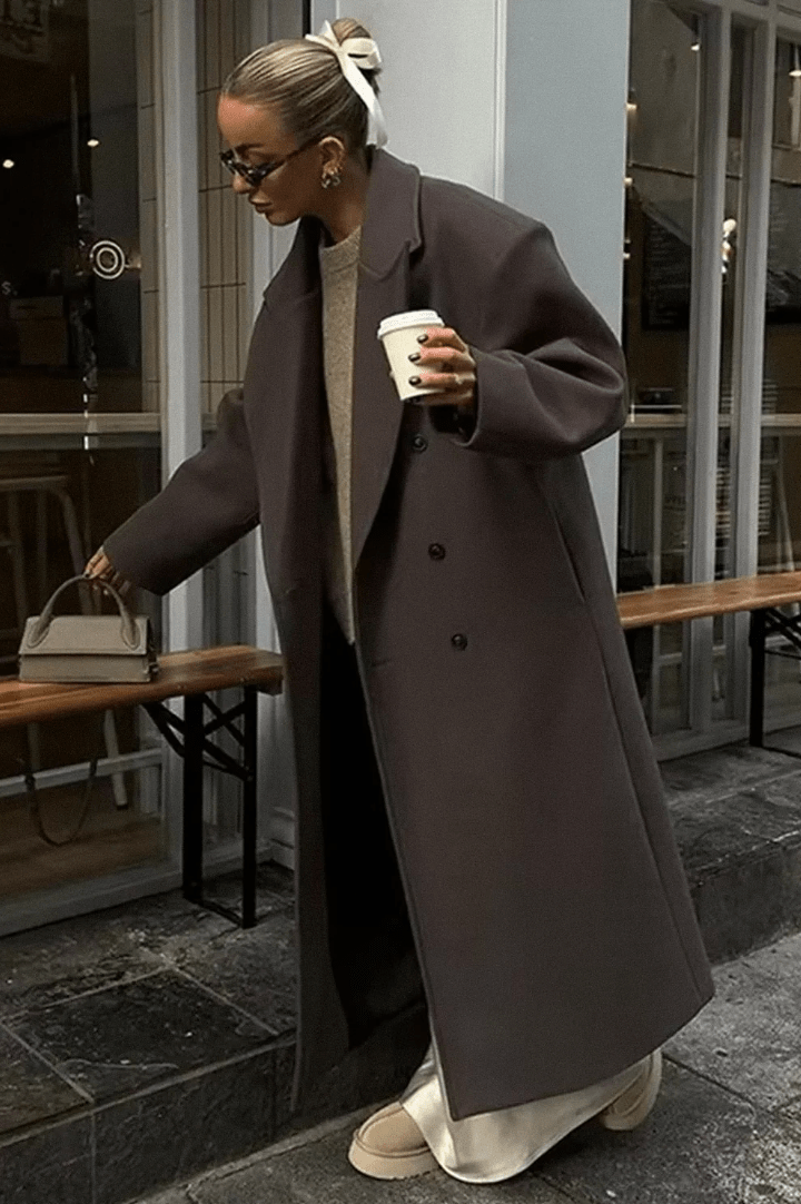 Women's Oversized Maxi Coat with Notched Lapel and Long Sleeves - Brown