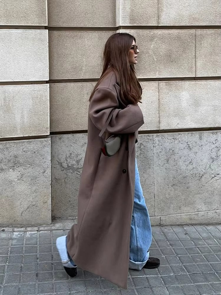 Women's Oversized Maxi Coat with Notched Lapel and Long Sleeves - Brown