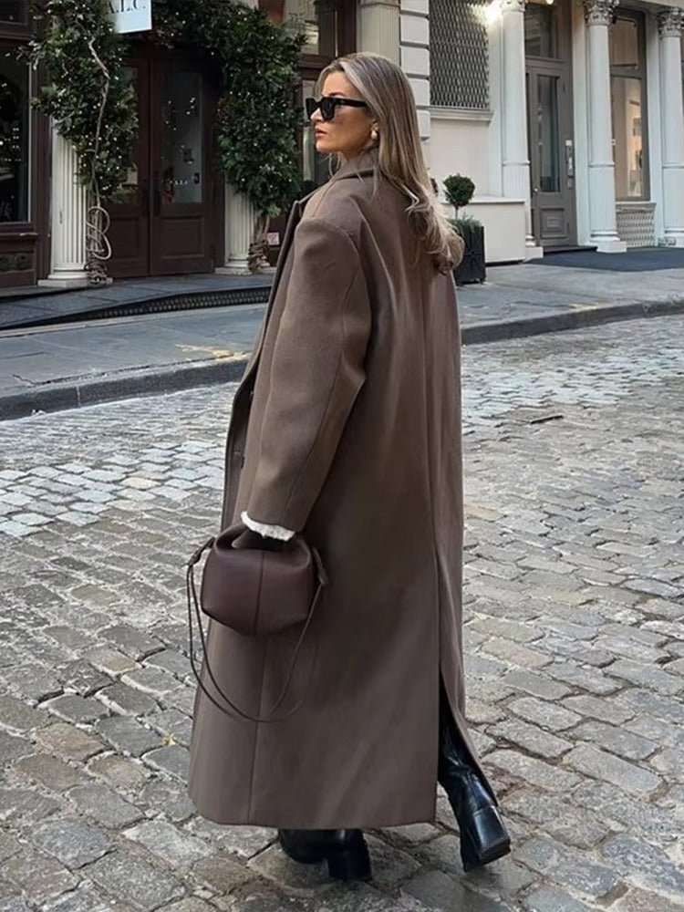 Women's Oversized Maxi Coat with Notched Lapel and Long Sleeves - 6