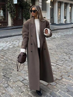 Women's Oversized Maxi Coat with Notched Lapel and Long Sleeves - Brown