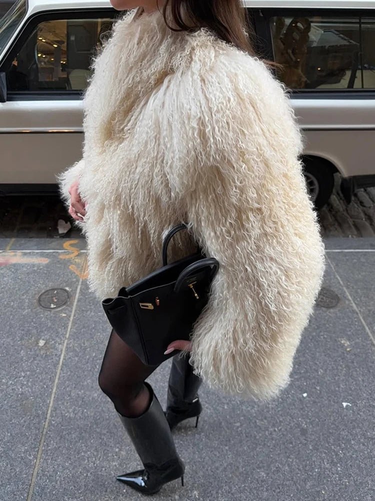 Women's Short Faux Fur Coat with Half-Open Collar and Fleece Accents - White