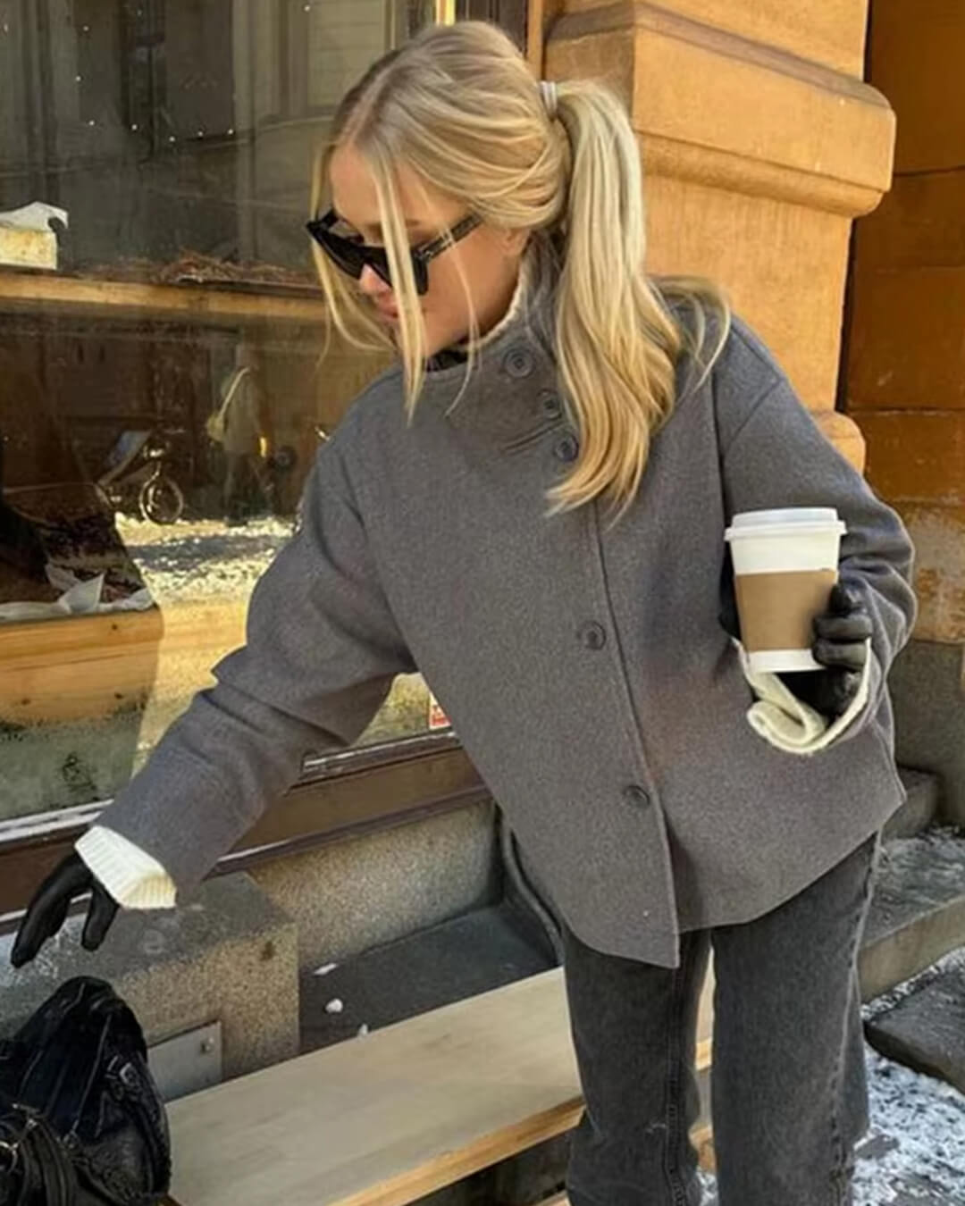 Women's Short Jacket with Stand Collar and Structured Cut - Grey