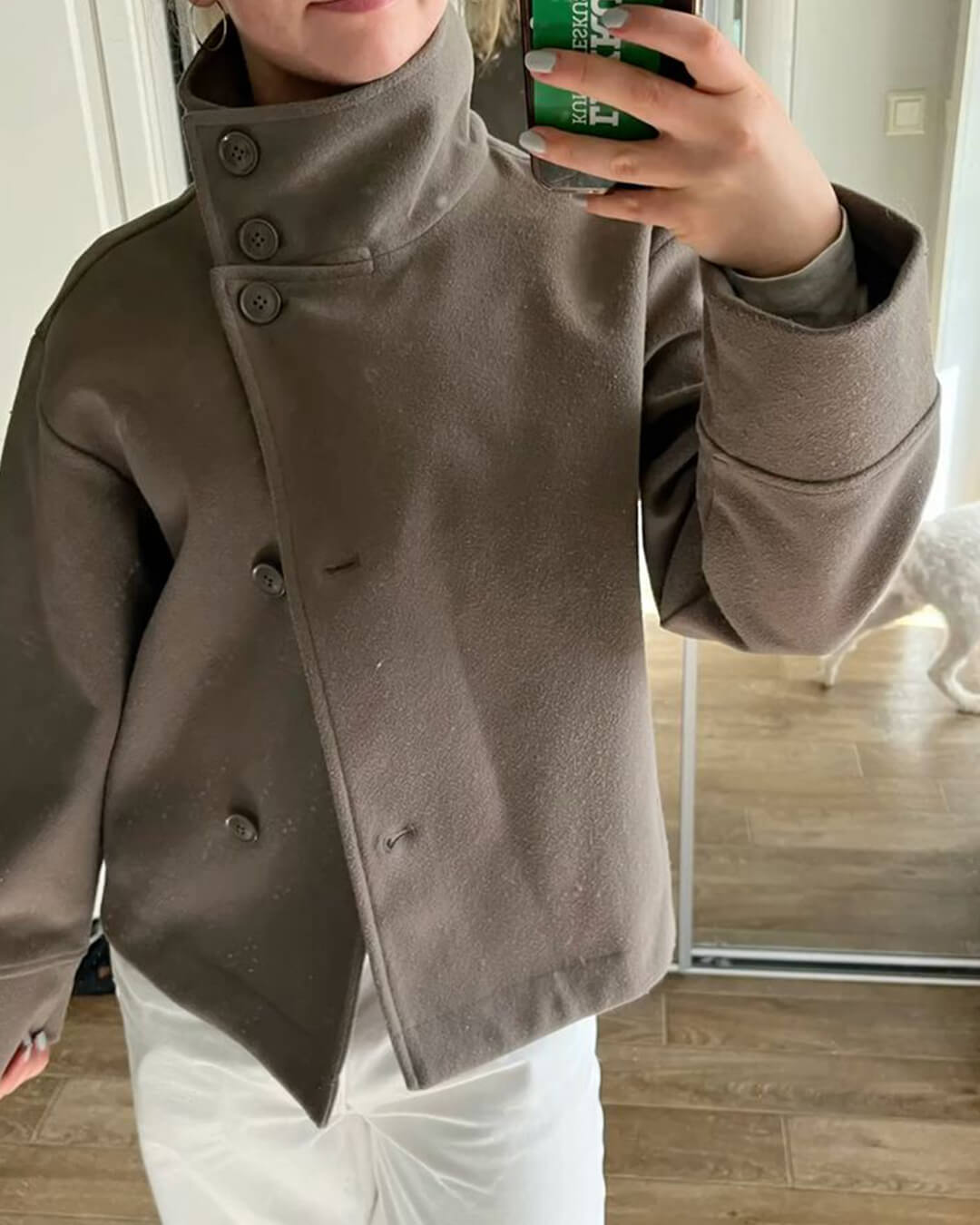 Women's Short Jacket with Stand Collar and Structured Cut - Taupe