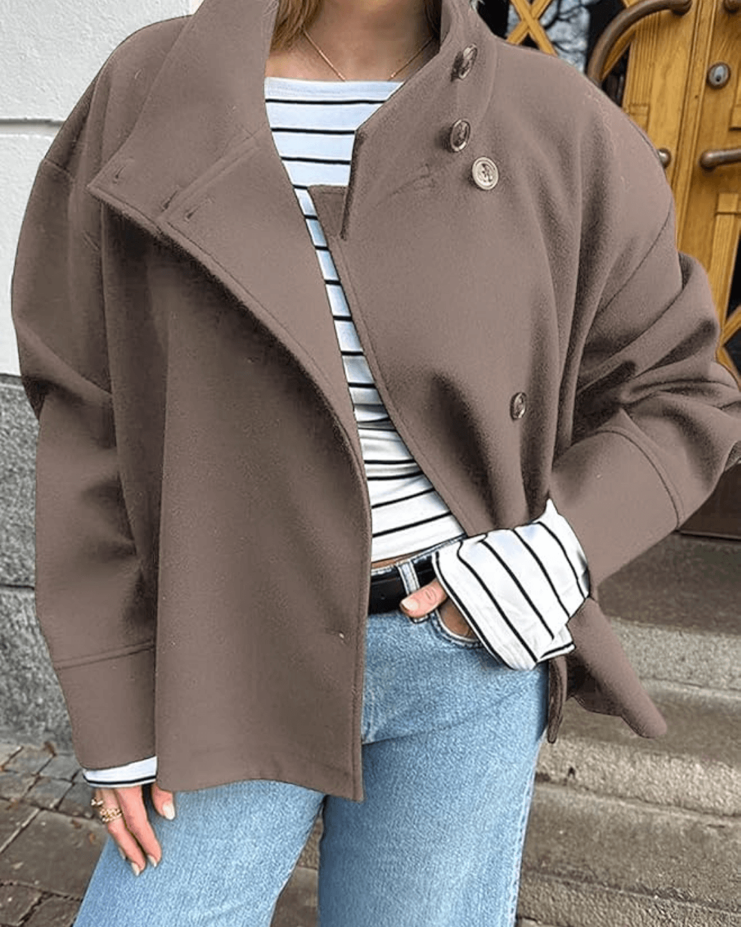 Women's Short Jacket with Stand Collar and Structured Cut - Taupe