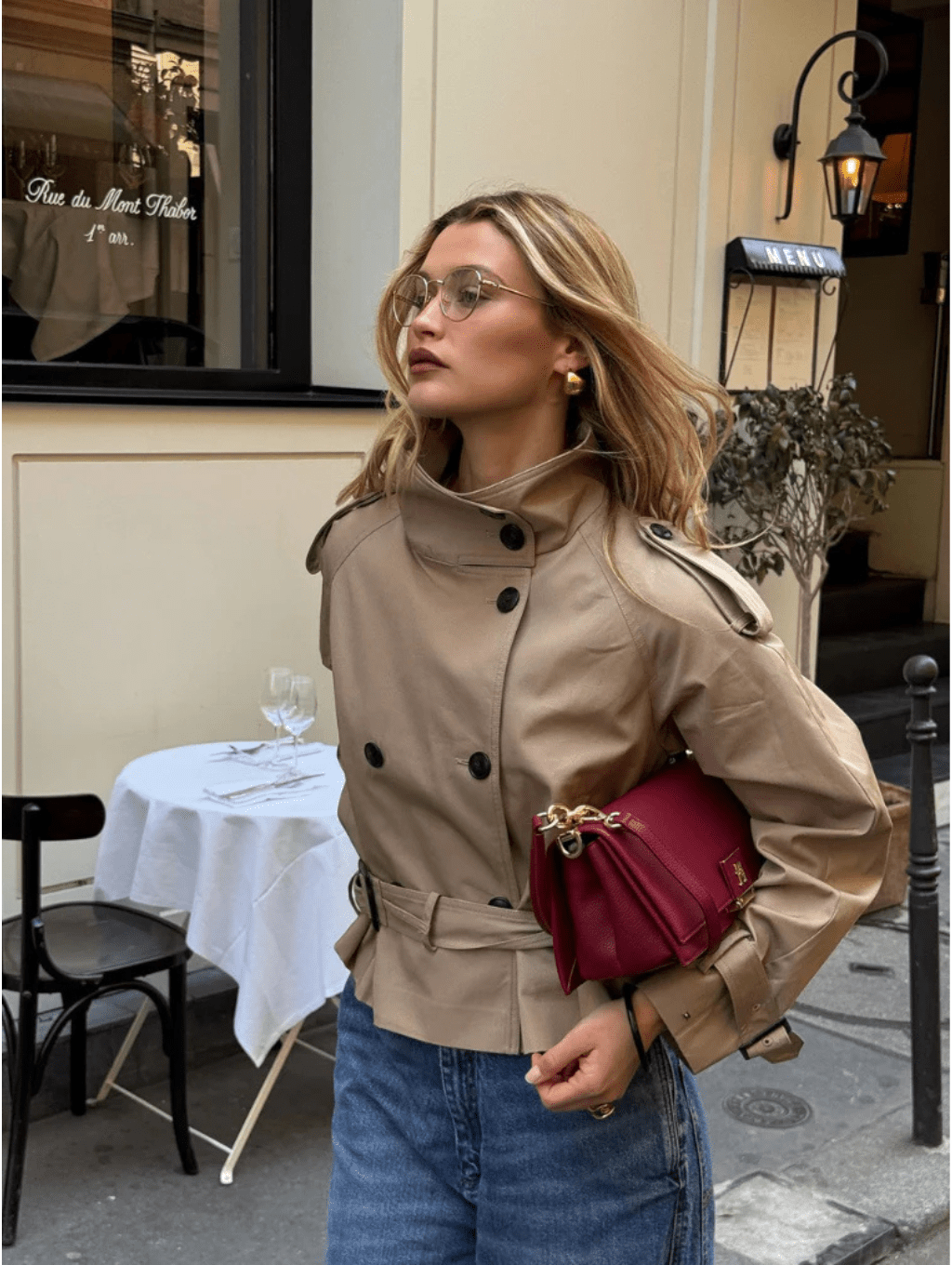 Women's Cropped Trench Jacket Belted with Double-Breasted Buttons - Beige