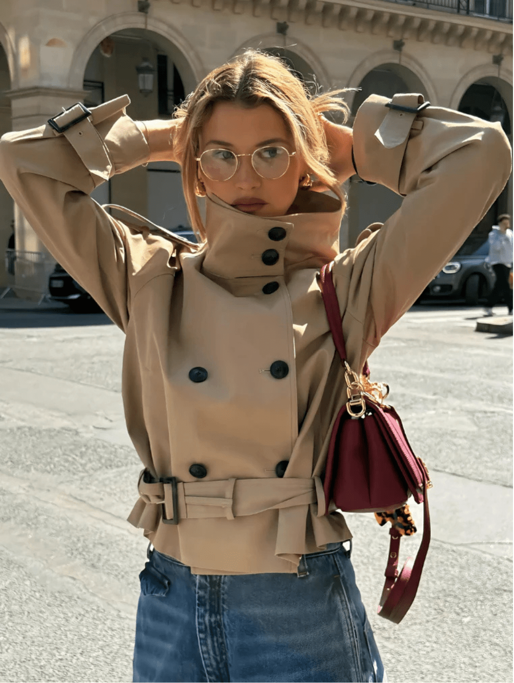 Women's Cropped Trench Jacket Belted with Double-Breasted Buttons - 2