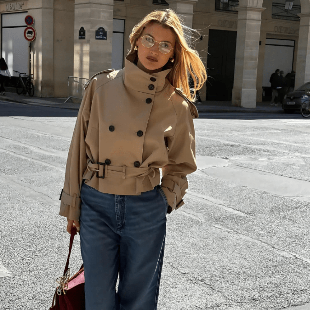 Women's Cropped Trench Jacket Belted with Double-Breasted Buttons - Beige
