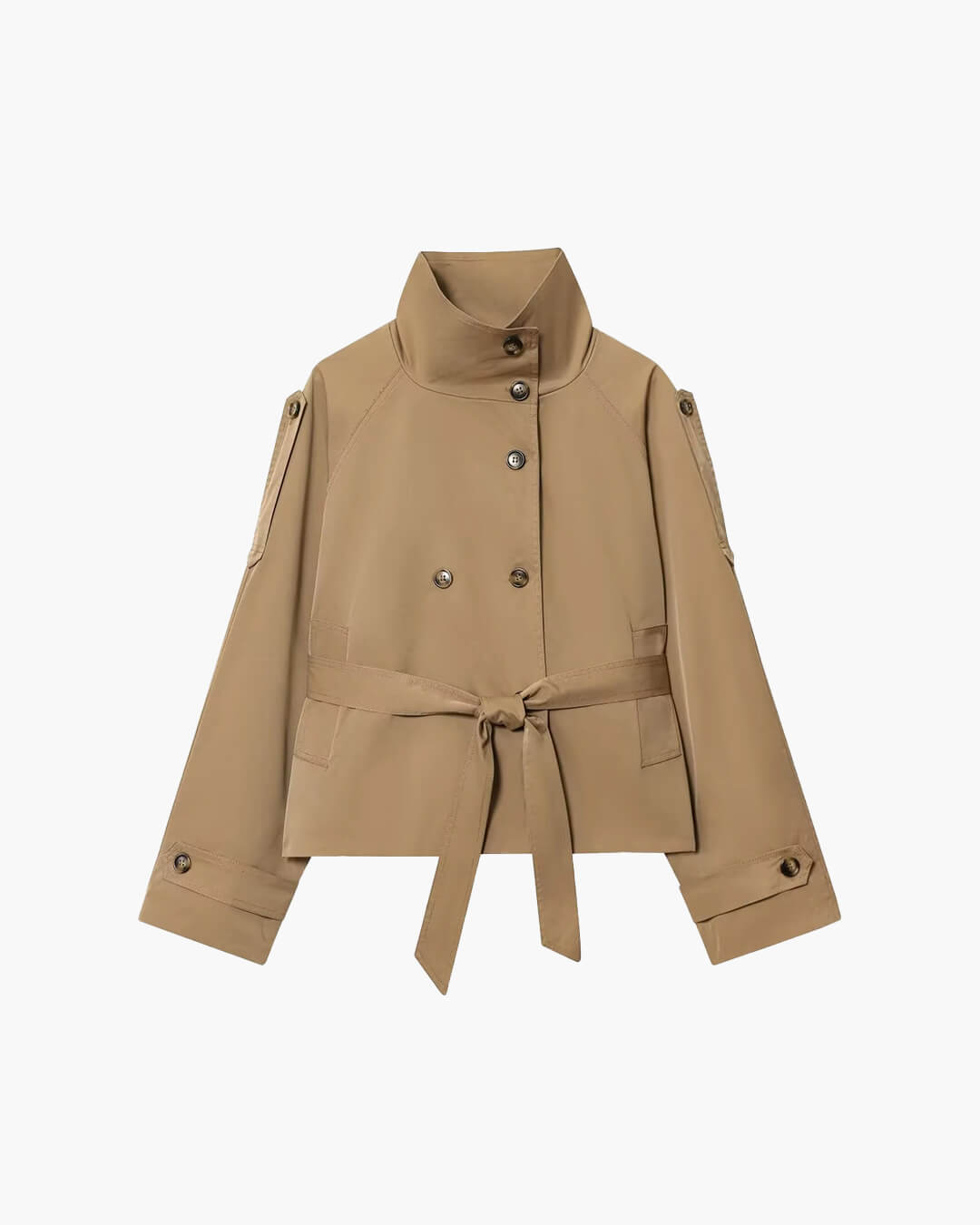 Women's Cropped Trench Jacket Belted with Double-Breasted Buttons - Beige