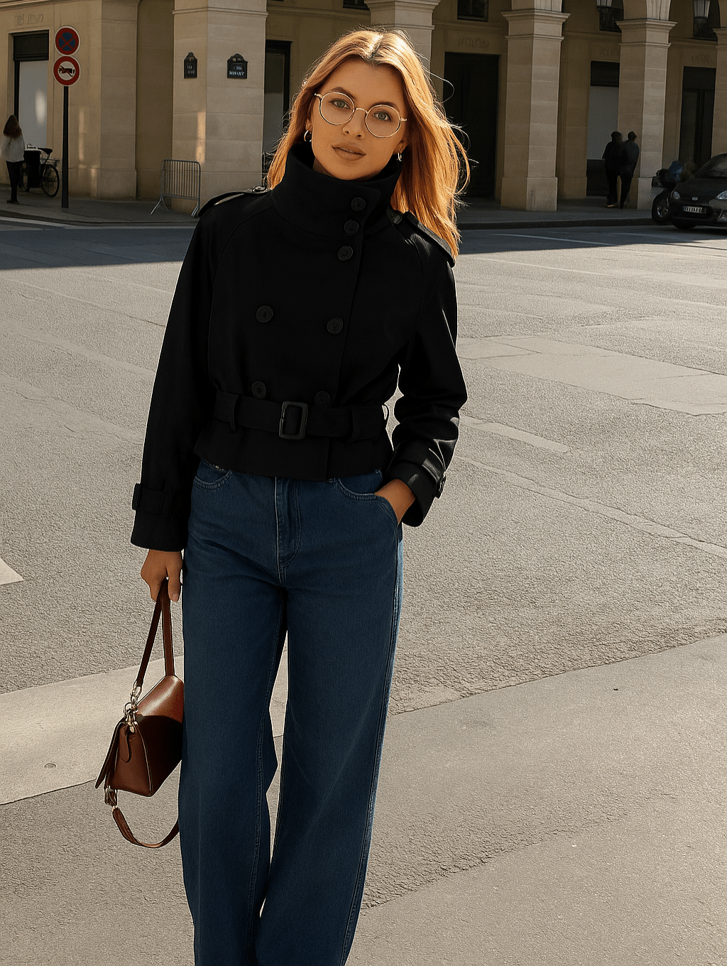 Women's Cropped Trench Jacket Belted with Double-Breasted Buttons - Black