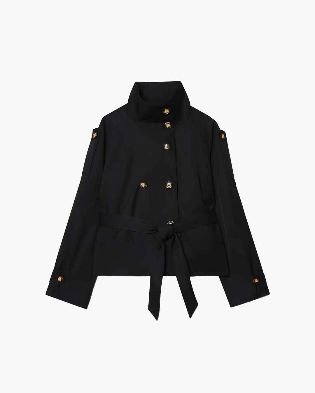 Women's Cropped Trench Jacket Belted with Double-Breasted Buttons - Black