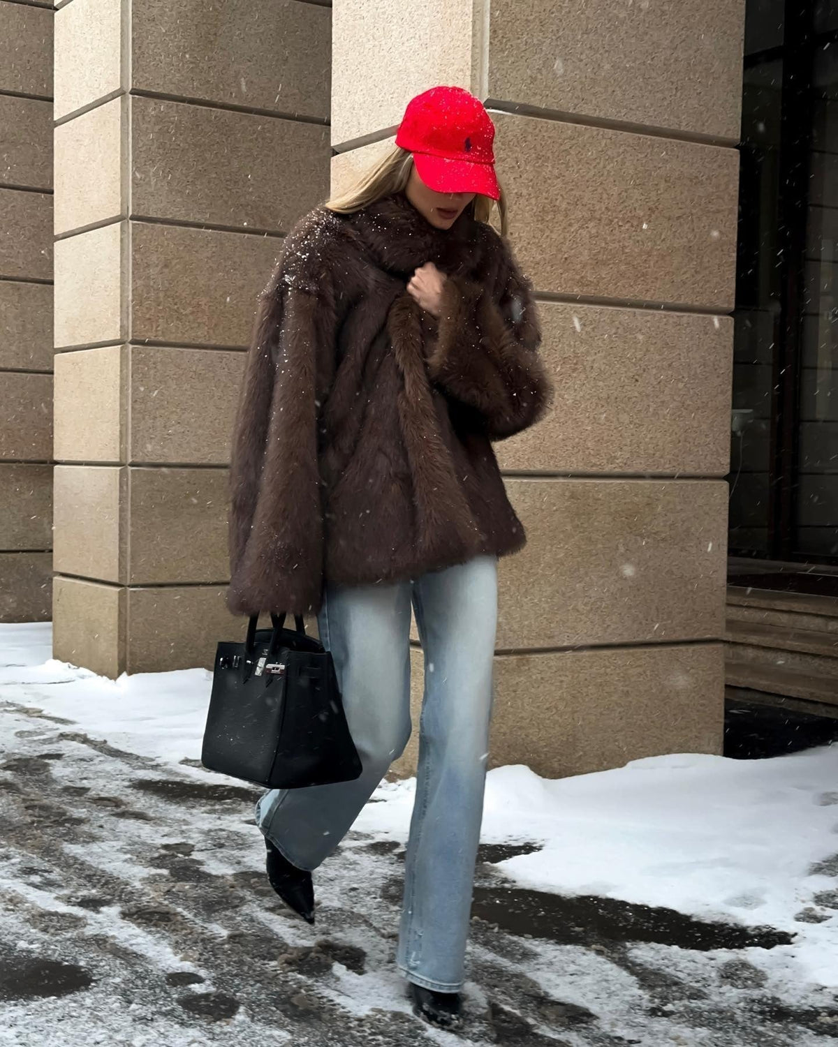 Women's Faux Fur Coat Relaxed Fit with Gradient Tones - Brown