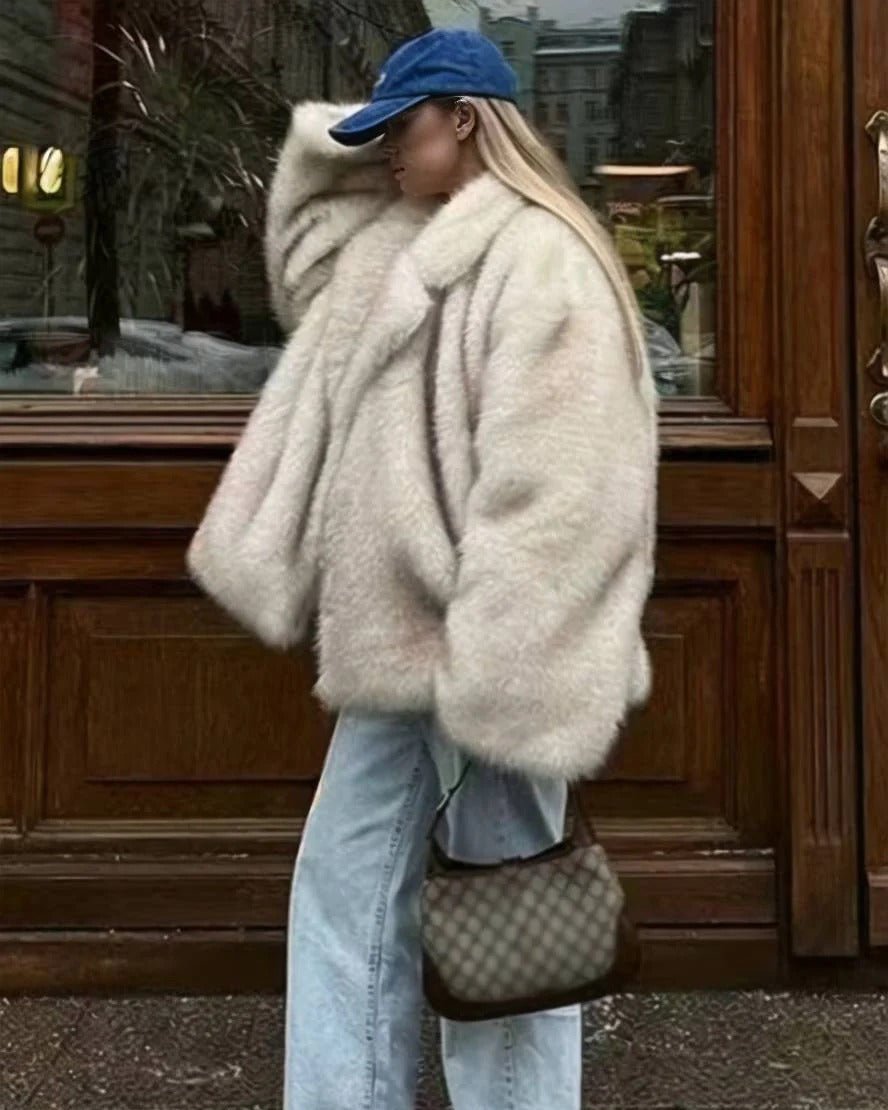 Women's Faux Fur Coat Relaxed Fit with Gradient Tones - Beige