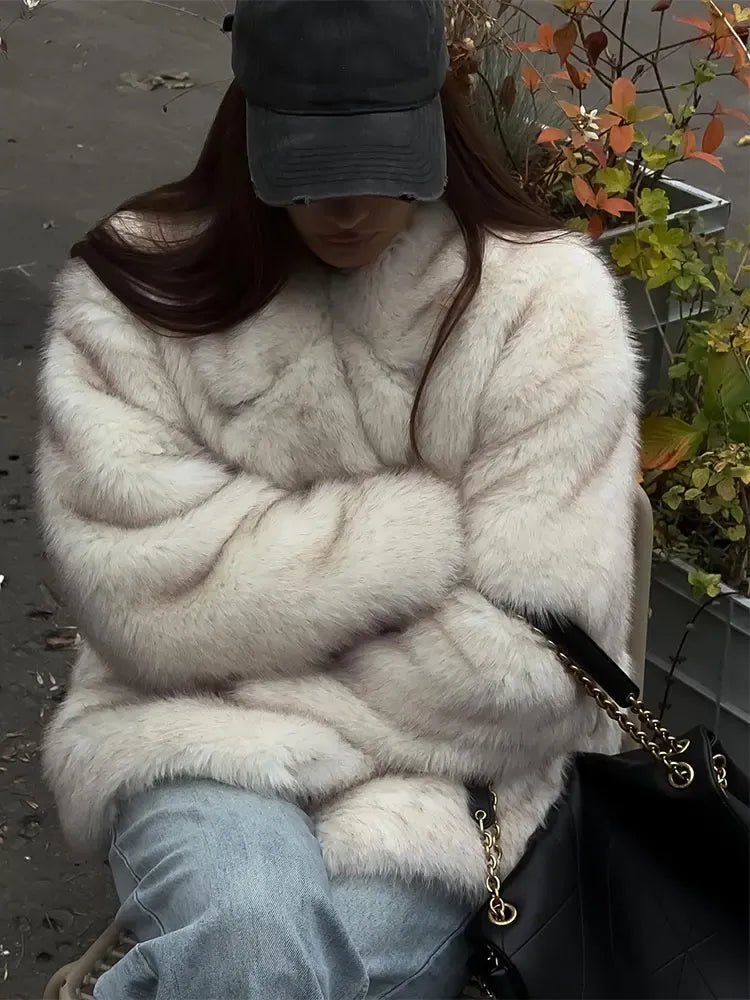 Women's Faux Fur Coat Relaxed Fit with Gradient Tones - Beige