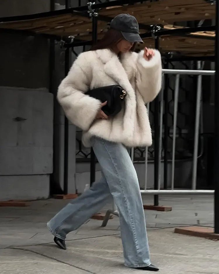 Women's Faux Fur Coat Relaxed Fit with Gradient Tones - Beige
