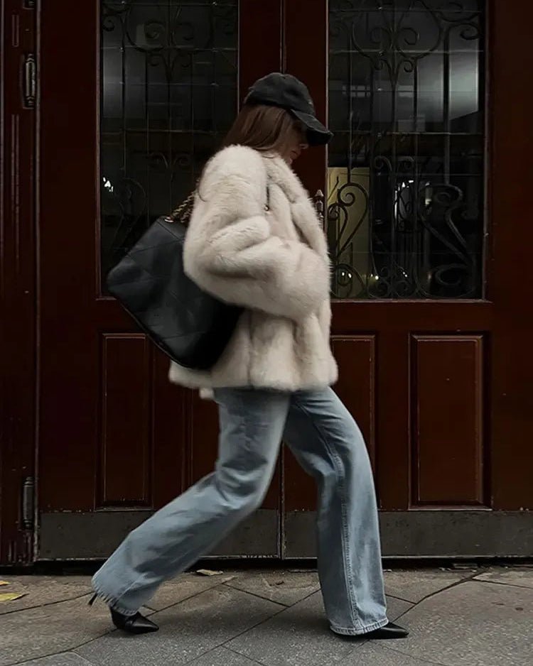 Women's Faux Fur Coat Relaxed Fit with Gradient Tones - Beige
