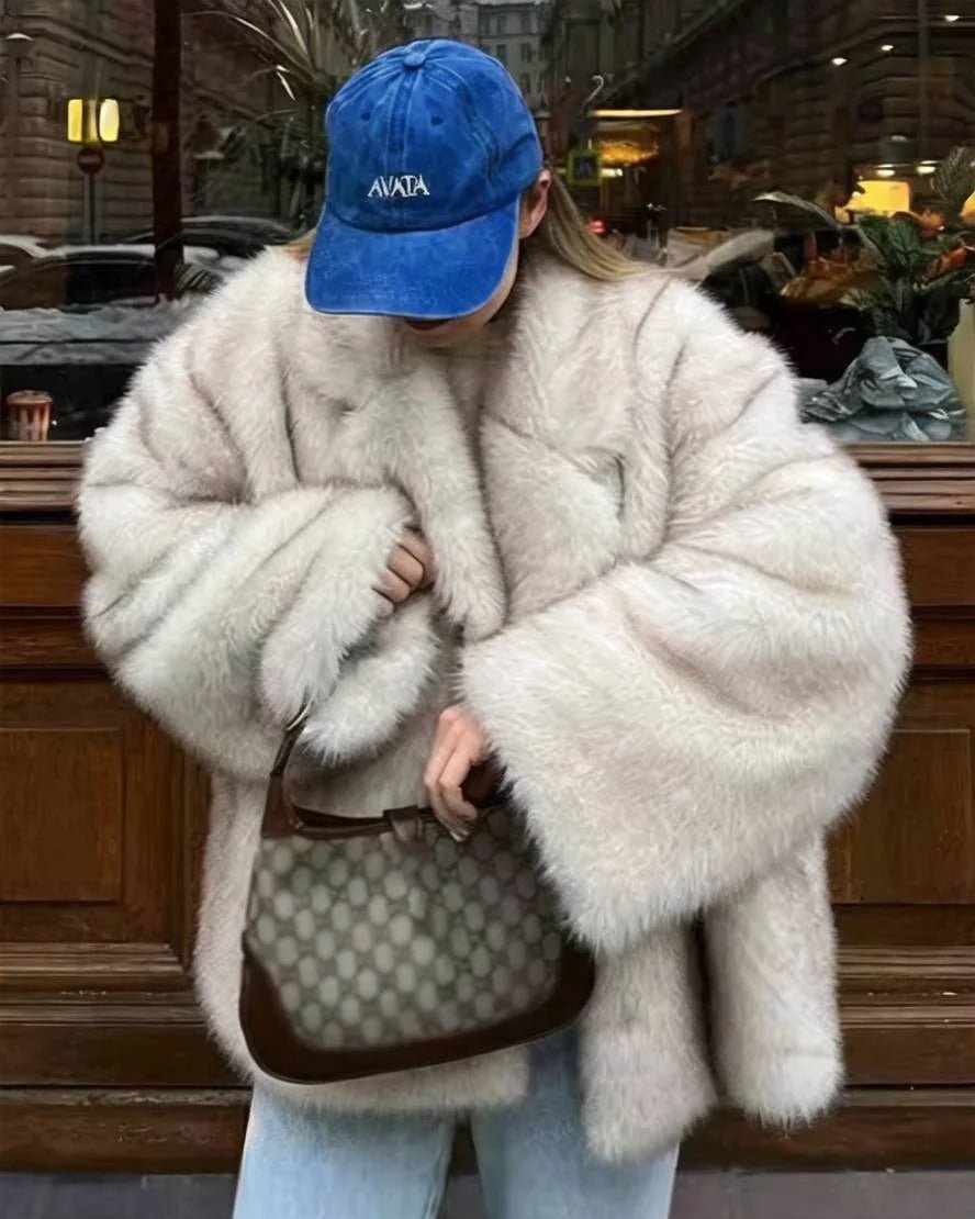 Women's Faux Fur Coat Relaxed Fit with Gradient Tones - Beige